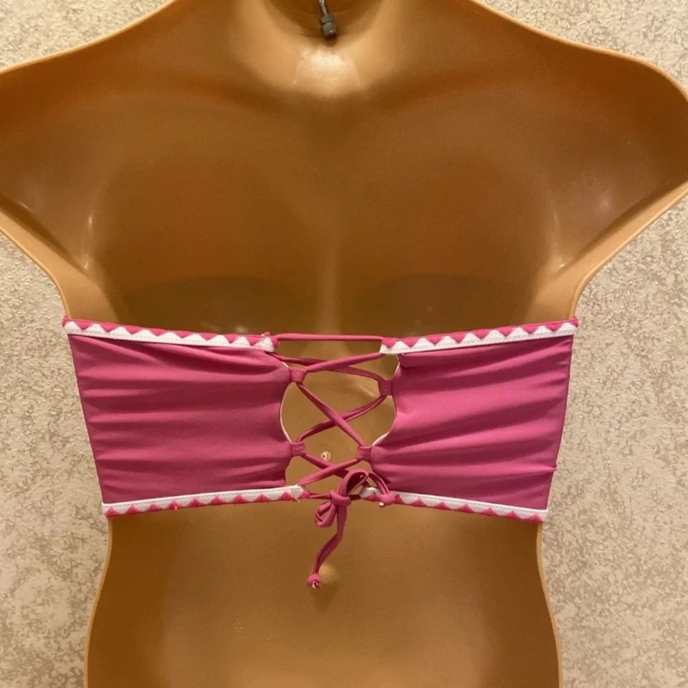 SHEIN Pink and White Embroidered Bandeau Bikini Top